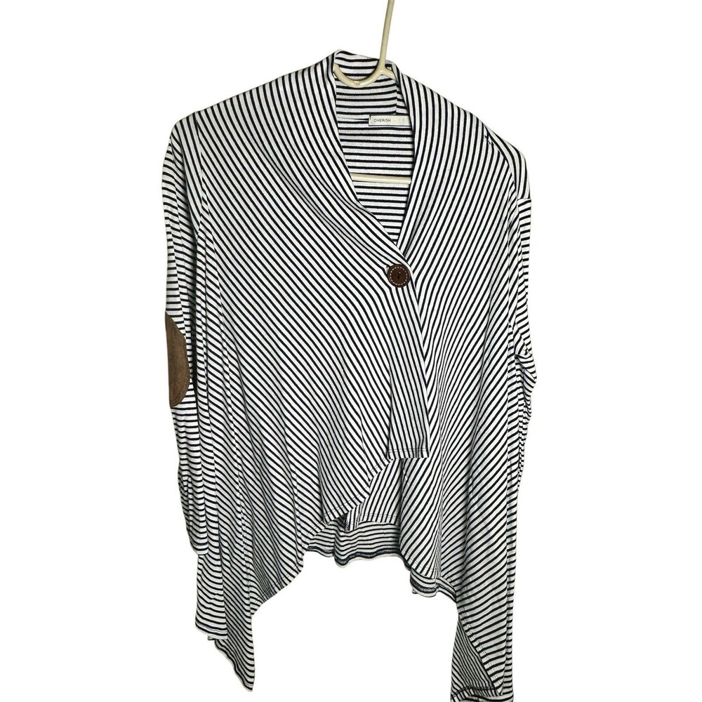 Cherish Asymmetrical 1 Button Cardigan Sweater Navy White Elbow Patches Size S